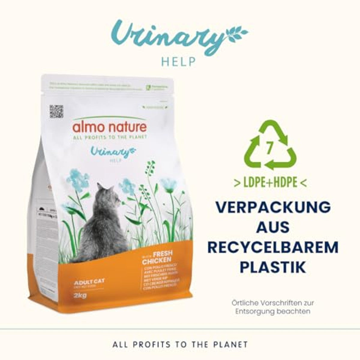 Almo Nature Urinary Help Droogvoer voor katten met verse kip, ondersteuning van het urinestelsel met glucosamine en verminderde gehalten aan magnesium, calcium en fosfor - zak van 2 kg – almo nature