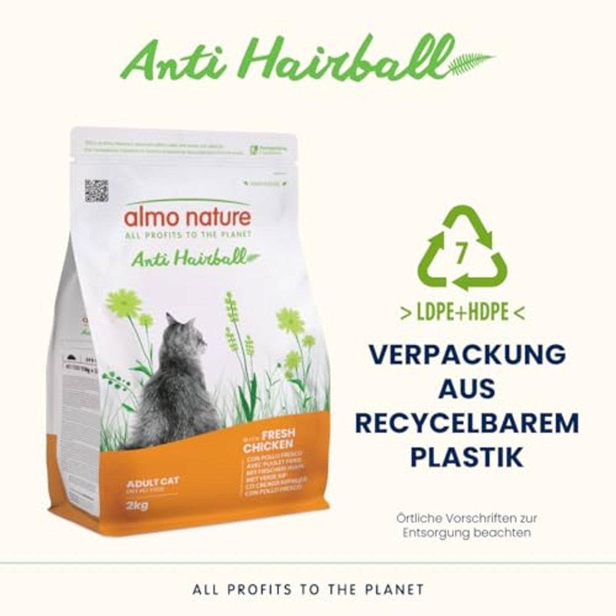 Almo Nature Anti-hairball - droogvoer voor katten met verse kip, met plantaardige vezelstofmix ter voorkoming van haarballen, zak van 2 kg – almo nature