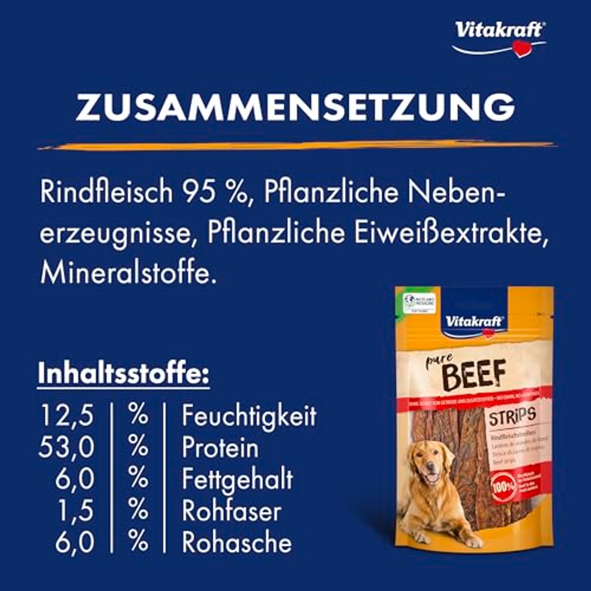 Vitakraft Pure Beef Strips, hondenlekkernijen, rundvleesstrips, hondentrainingslekkernijen, zonder toegevoegde suiker (10 x 80 g) – Vitakraft