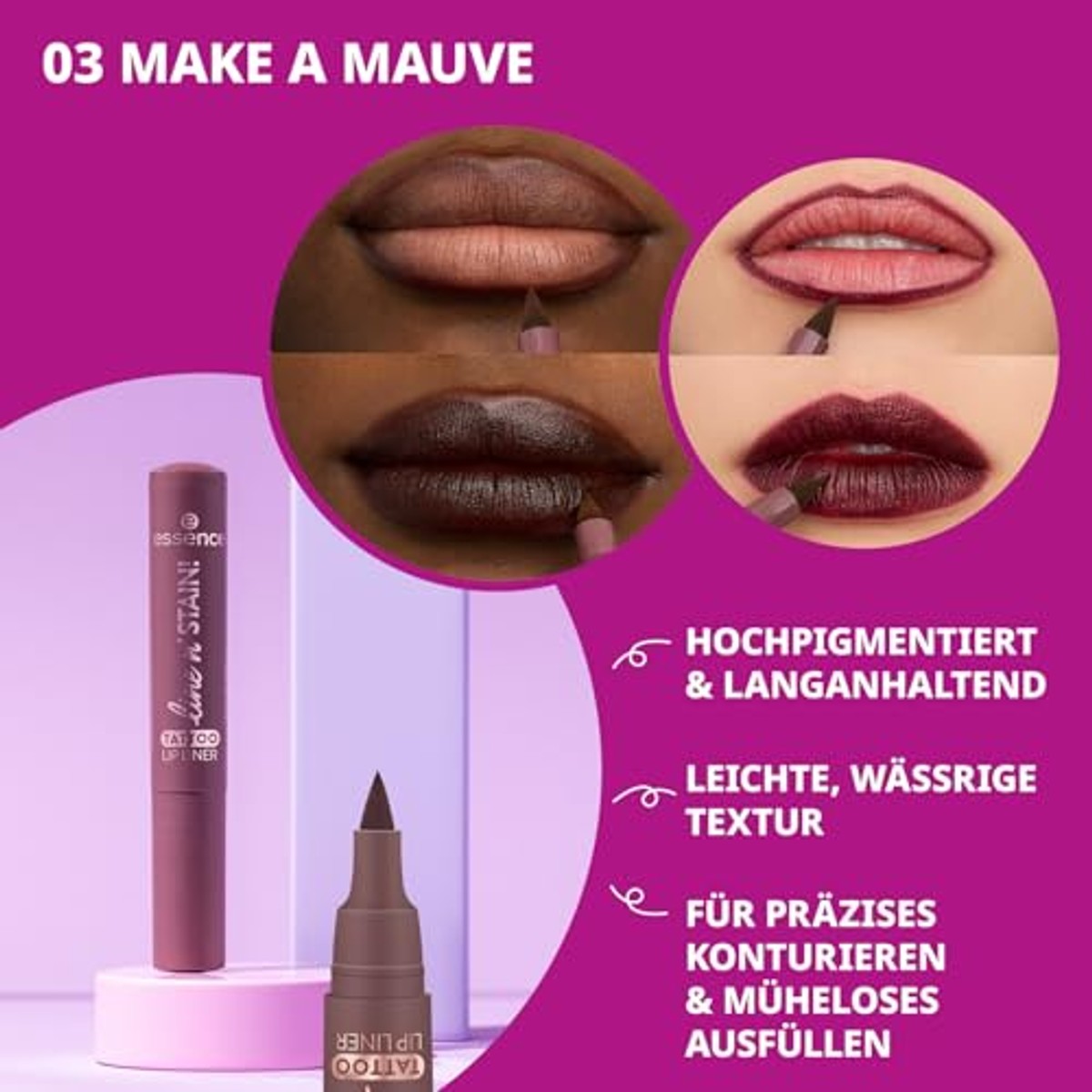 essence line n' STAIN! Tattoo Lip Liner 03 Make A Mauve, vloeibare lipliner | Sterk gepigmenteerd en langdurig, natuurlijke tattoo-afwerking, veganistische cosmetica zonder parfum, 2,5 ml – Essence Cosmetics