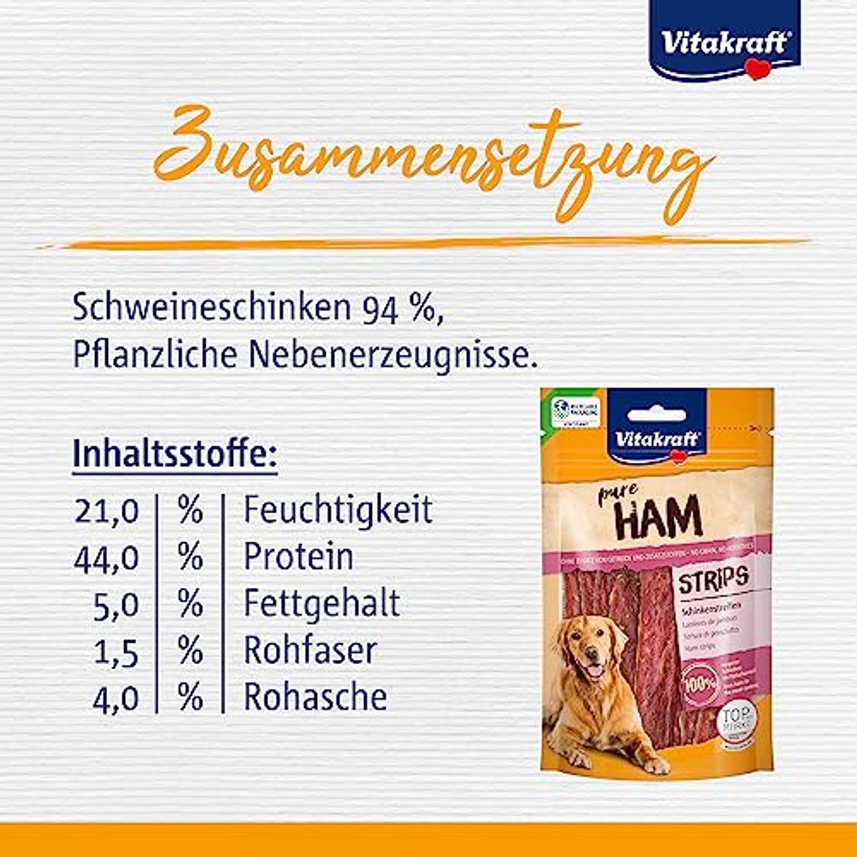 Vitakraft Pure Ham Strips hondensnack ham 1 x 80 g - 3-pack