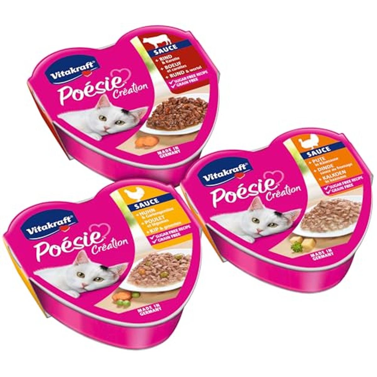 Vitakraft Poésie Création, Tender Selection, nat kattenvoer in saus, met kip, met kalkoen, met rundvlees, zonder toegevoegde suiker en granen (1 pakket van 6 x 85 g) – Vitakraft