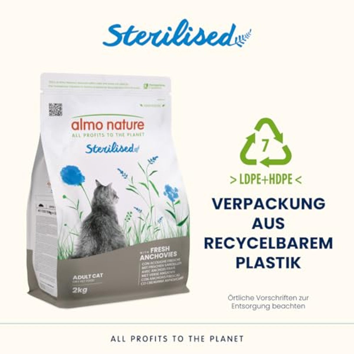 Almo Nature Sterilised Droogvoer voor gesteriliseerde katten met verse ansjovis, met laag magnesiumgehalte en vezels voor gewichtsbeheersing, zak van 2 kg – almo nature