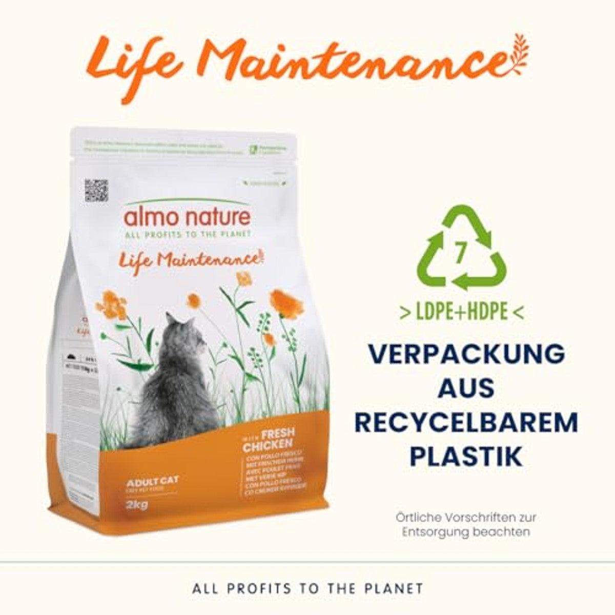 Almo Nature Life Maintenance droogvoer voor volwassen katten met verse kip als eerste ingrediënt, zak van 2 kg – almo nature