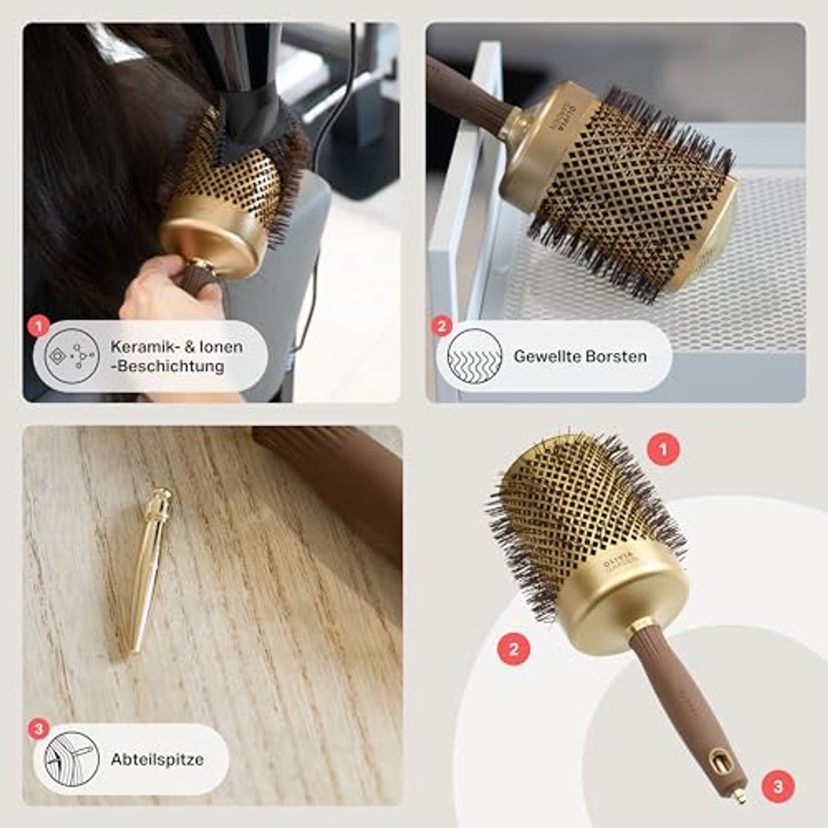 Olivia Garden Expert Blowout Shine Borstel 80 mm, Goud & Bruin - 3-pack