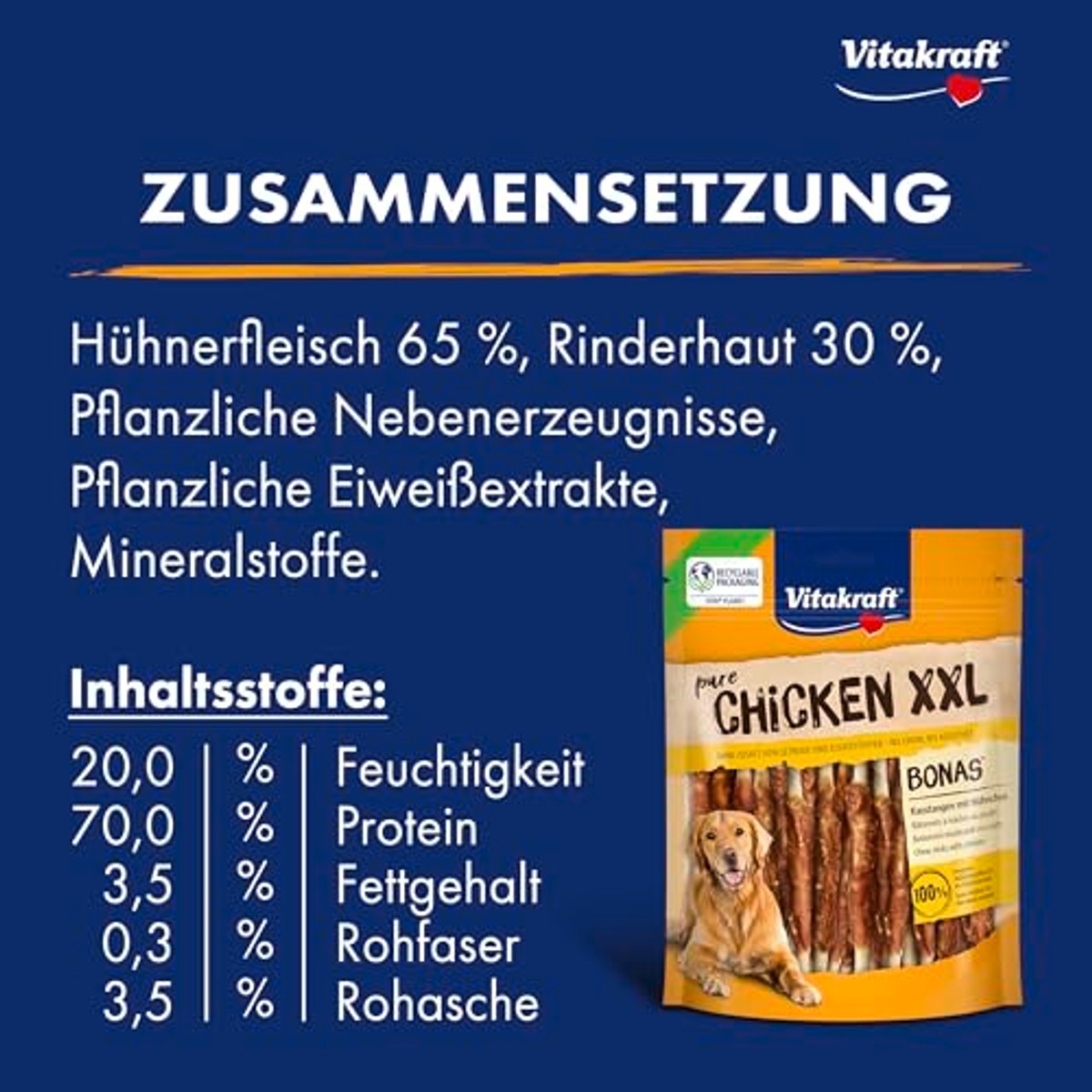 Vitakraft Pure Chicken XXL bonas, hondenlekkernijen, kauwstangen met kip, hondentrainingslekkernijen, zonder toegevoegde suiker (8 x 200 g) – Vitakraft
