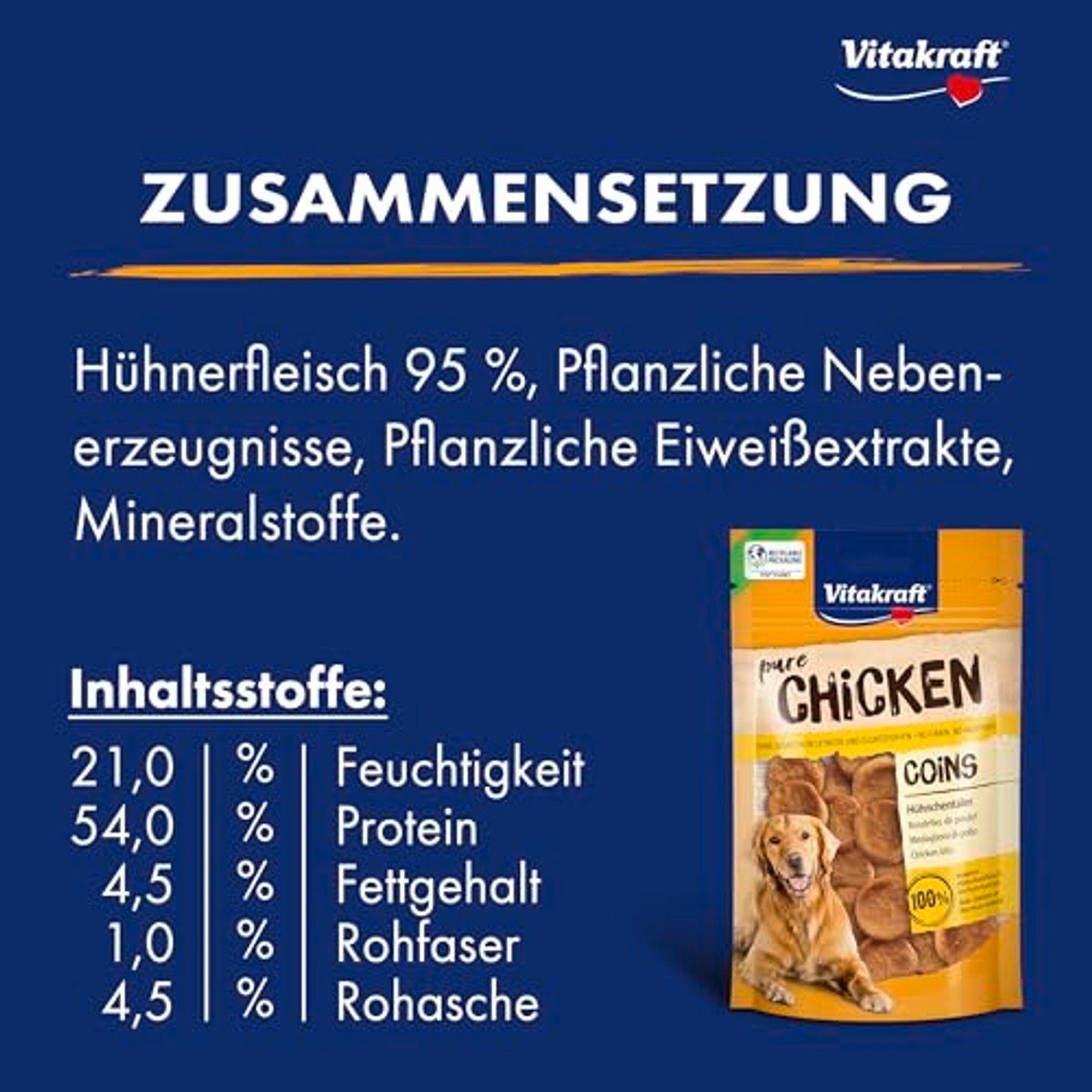 Vitakraft Pure Chicken Coins, hondenlekkernijen, kipsaler, hondentrainingslekkernijen, zonder toegevoegde suiker (8 x 80 g) – Vitakraft