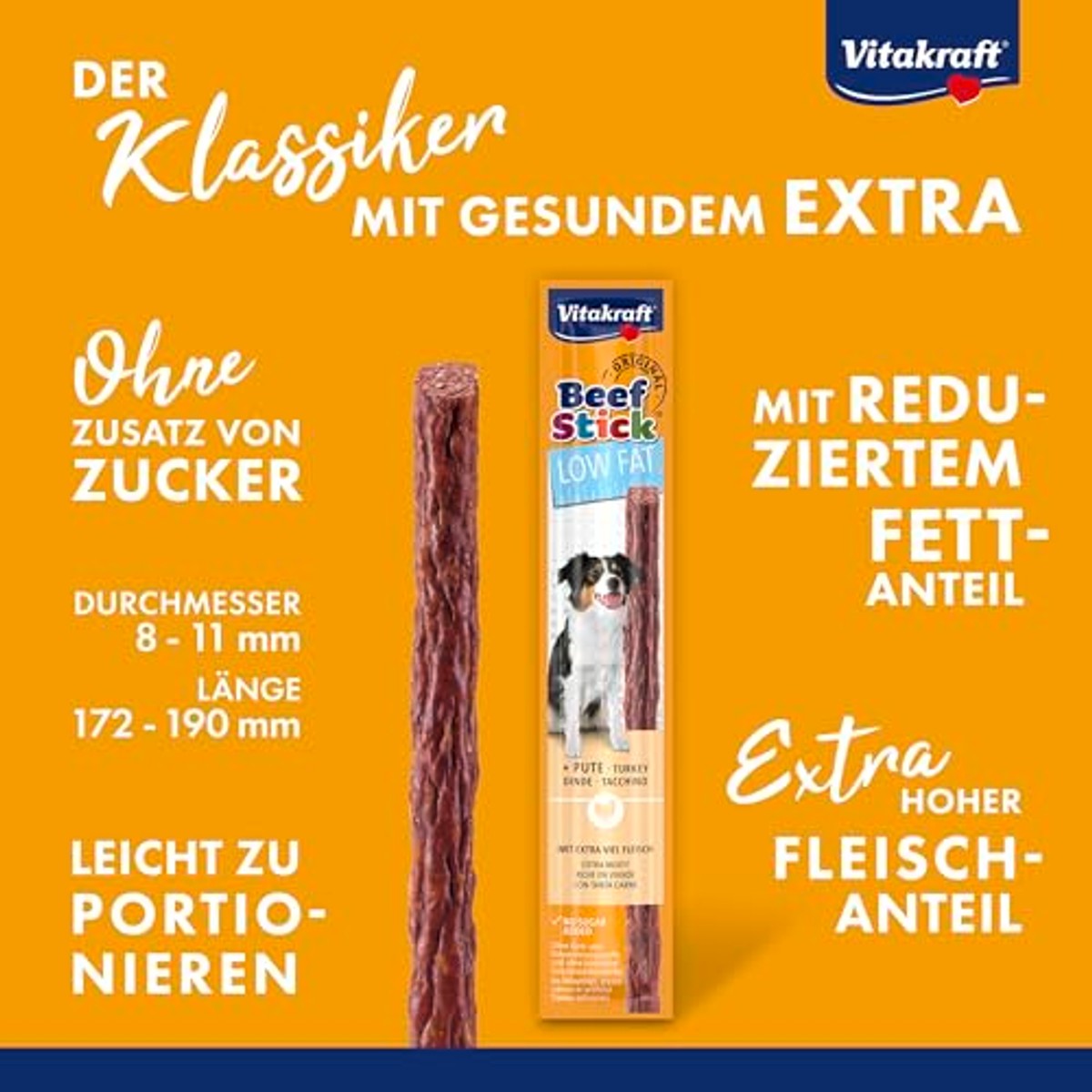Vitakraft Beef Stick Low Fat, hondenlekkernijen, vleespoten, hondentrainingslekkernijen, voor honden met gewichtsproblemen, zonder toevoeging van suiker (50 x 12 g) – Vitakraft