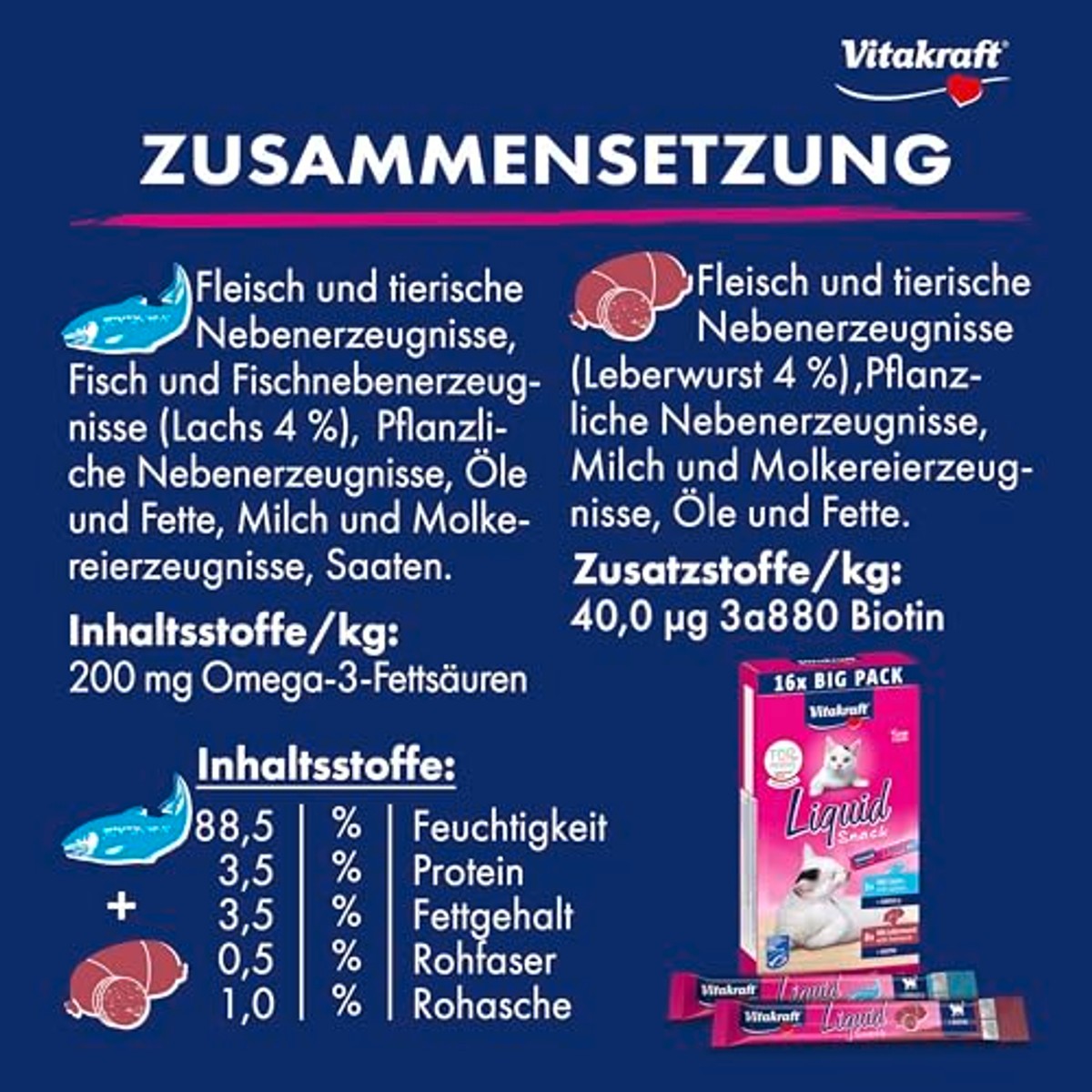 Vitakraft Vloeibare snack, kattenlekkernijen, kattensnack, romig, met leverworst en biotine, met zalm en omega 3, in afzonderlijke zakjes, 1 voorraadverpakking (16 x 15 g) – Vitakraft