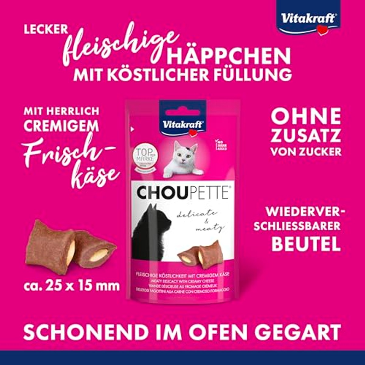 Vitakraft Choupette Kattensnack, met kaasvulling, vlezige snackhapjes, zonder toegevoegde suiker, in hersluitbare zak (9 x 40 g) – Vitakraft