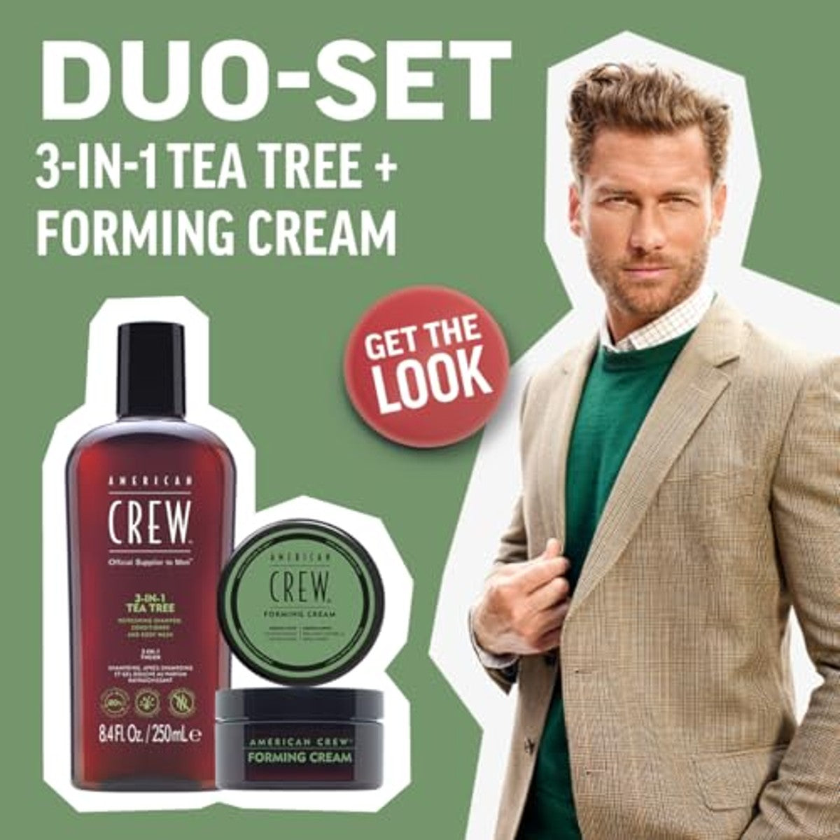 American Crew Duo Set 3-in-1 Tea Tree Shampoo, Conditioner & Body Wash 250 ml + Forming Cream 50 g - 3-pack