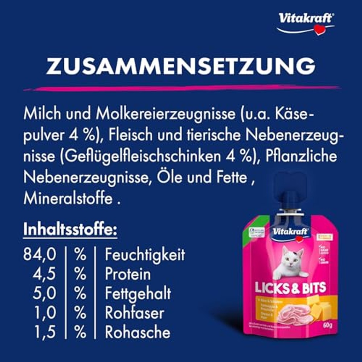 Vitakraft Licks & Bits Kattensnack Kaas en Ham 60 g - 6-pack