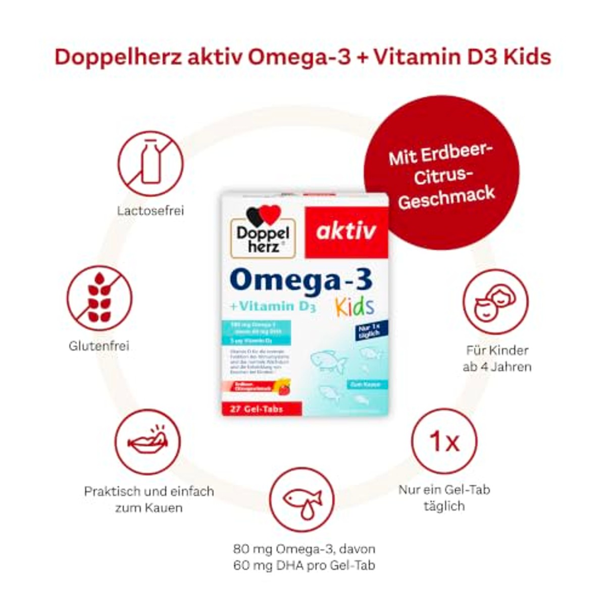 Doppelherz Omega-3 + Vitamine D3 Kids Aardbeien-Citrus 63 Gel-tabs - 6-pack