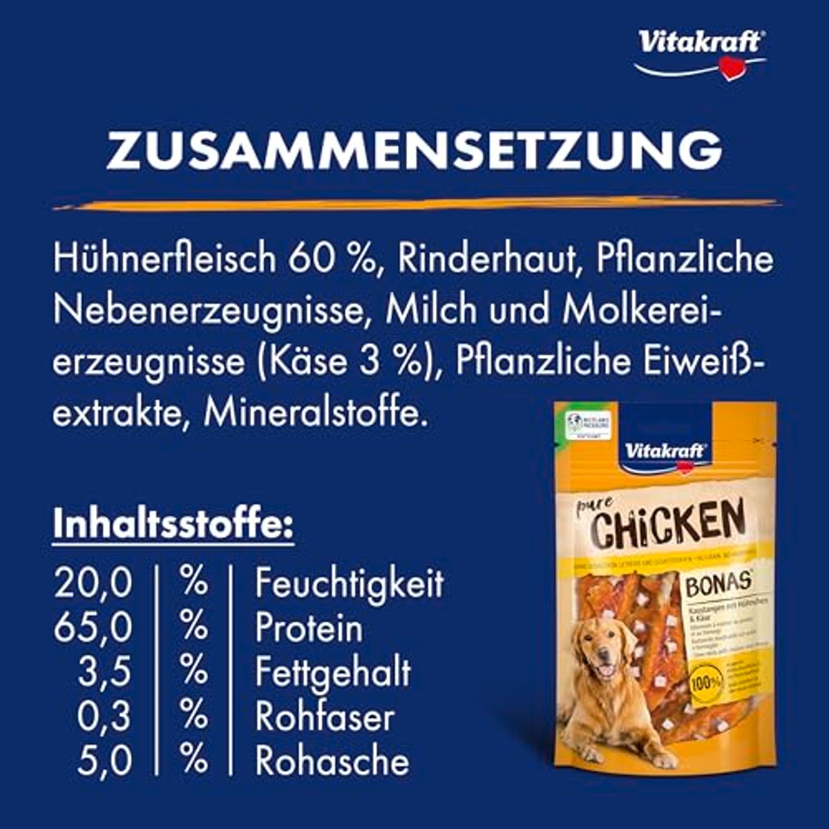 Vitakraft Pure Chicken Bonas hondensnack kip en kaas 7 x 80 g - 6-pack