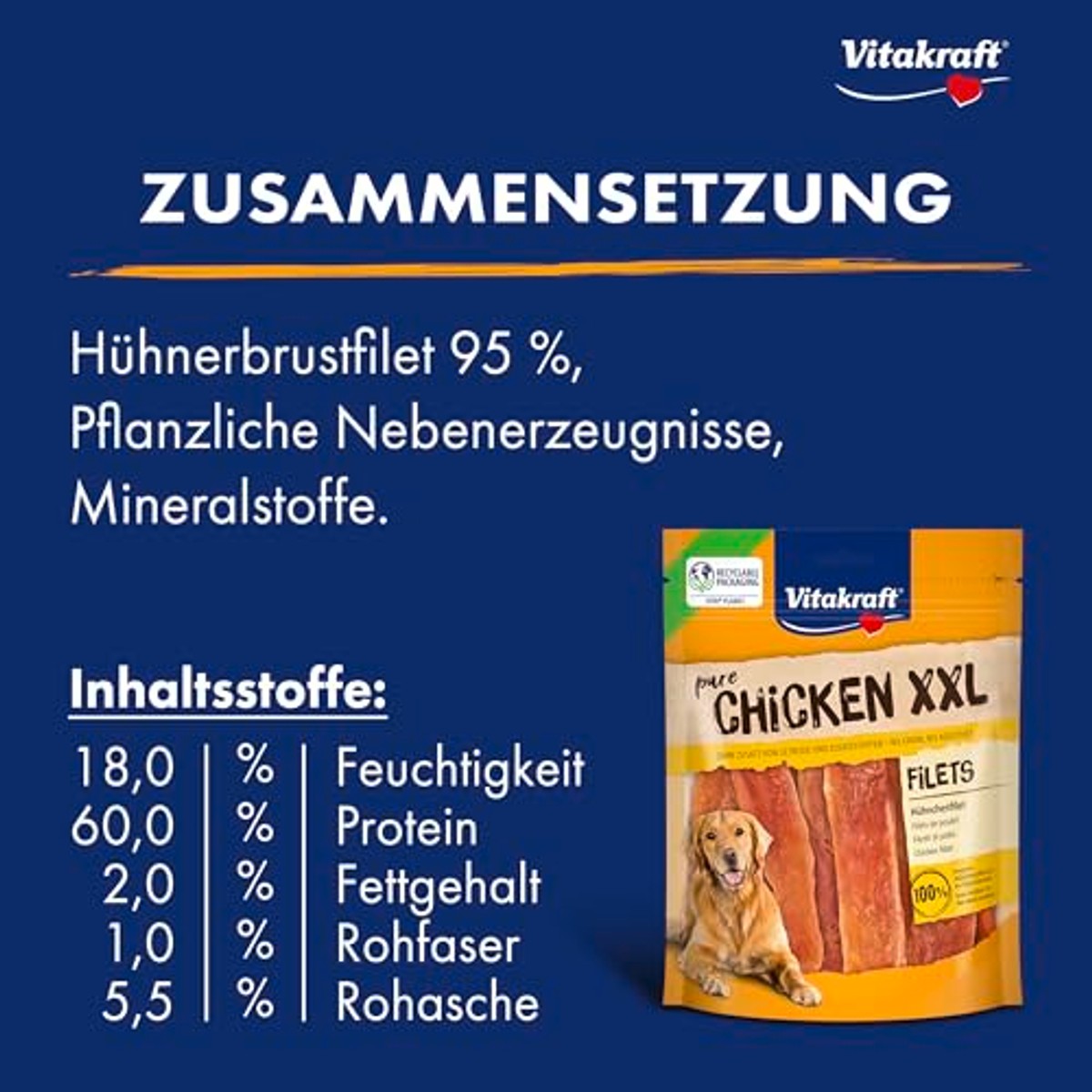 Vitakraft Pure Chicken XXL Filets, hondensnackers, kipfilet, hondentrainingslekkernijen, zonder toegevoegde suiker (6 x 250 g) – Vitakraft