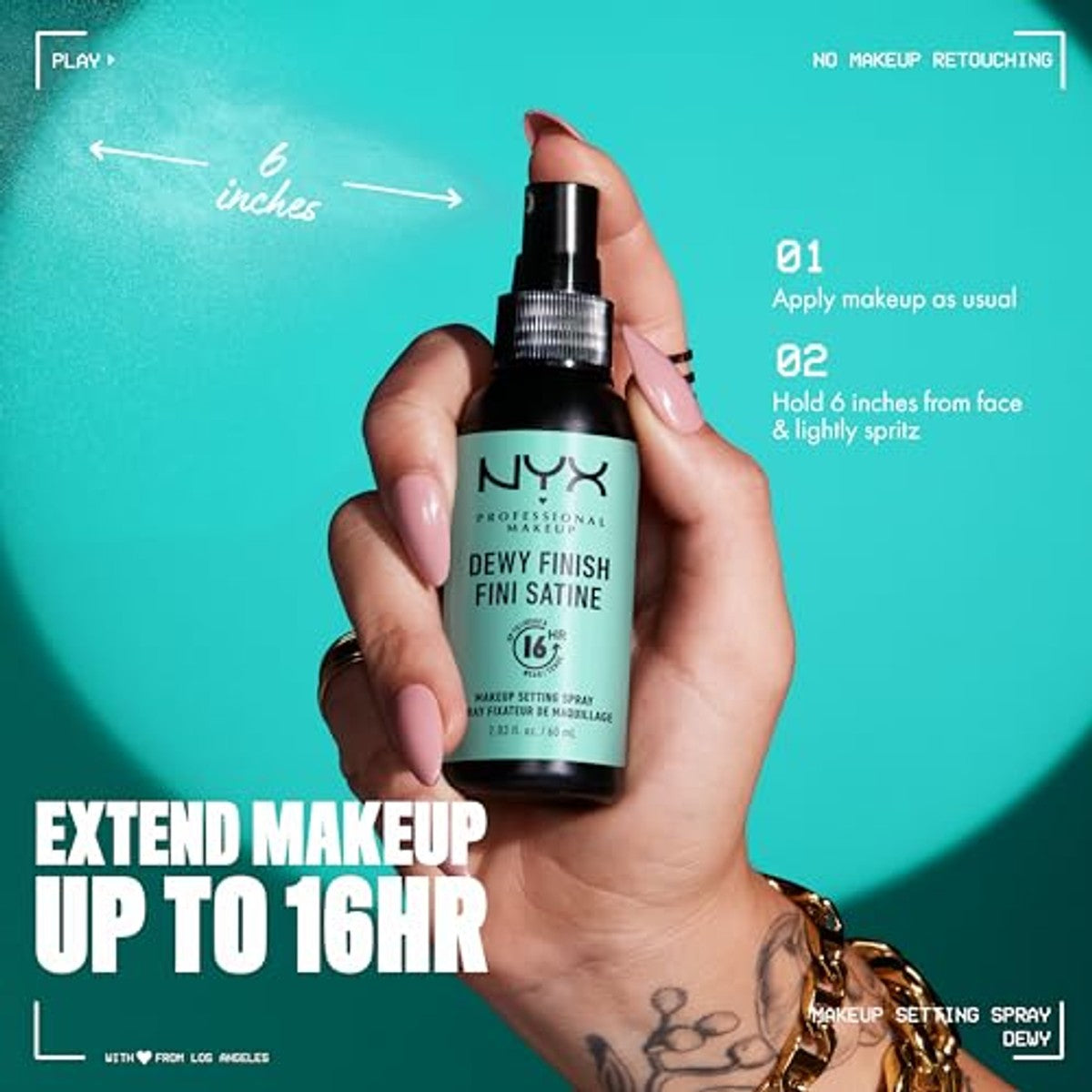 NYX Professional Makeup Setting Spray, langdurige formule, fixerend, licht, veganistische formule, Dewy Finish, 60 ml | Fluweelachtige satijnen afwerking, veganistische formule, doorschijnend, alle huidtypes, voorkomt oxidatie van de – NYX PROFESSIONAL MAKEUP