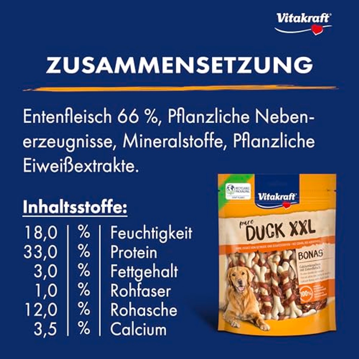 Vitakraft Pure Duck XXL Bonas, hondenlekkernijen, calciumbotten met eendenvlees, hondentraining, zonder toevoeging van suiker (8 x 200 g) – Vitakraft