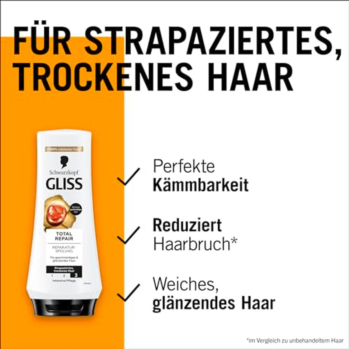 Gliss Total Repair Conditioner (200 ml), haarconditioner herstelt droog, beschadigd haar, conditioner voor tot 90% minder haarbreuk – Gliss