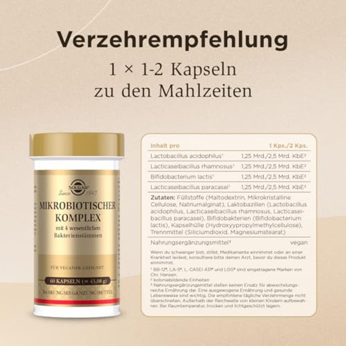 SOLGAR® Microbiologisch complex, met 4 essentiële bacteriestammen, voor het maag-darmsysteem, 60 veganistische en maagsapresistente capsules – SOLGAR