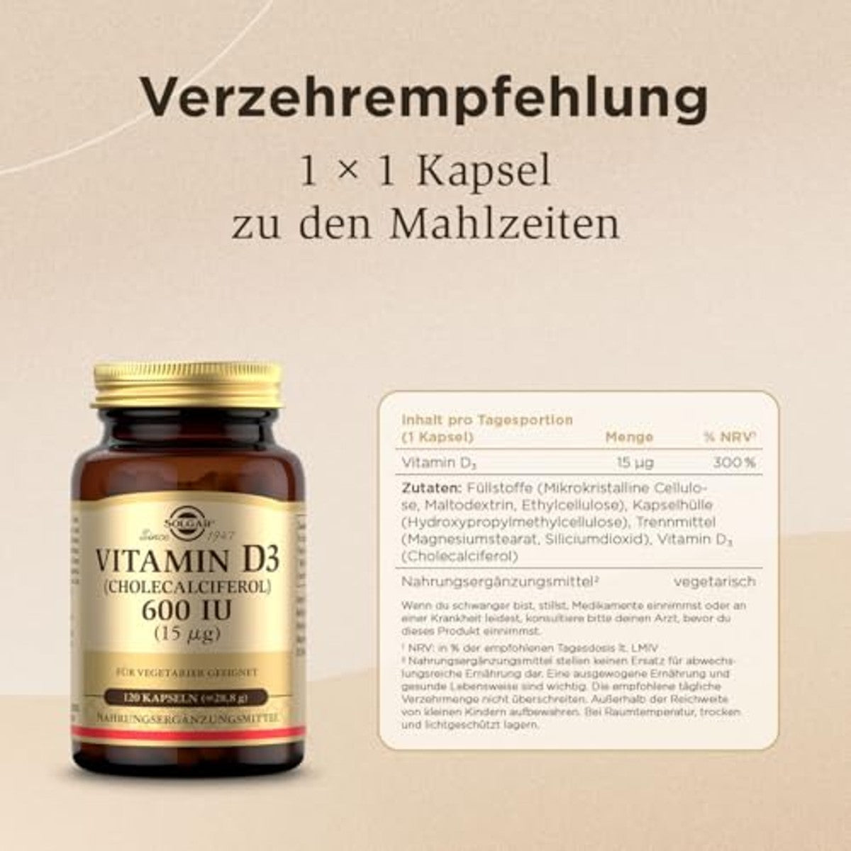 Solgar Vitamine D3 600 IU 15 µg 120 Vegetarische Capsules - 6-pack