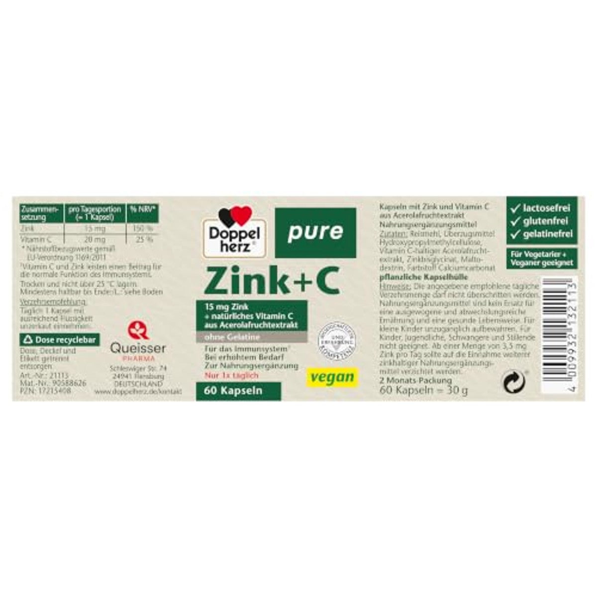 Doppelherz Pure zink + C – vitamine C en zink leveren een bijdrage aan de normale werking van het immuunsysteem – 60 veganistische capsules – Doppelherz