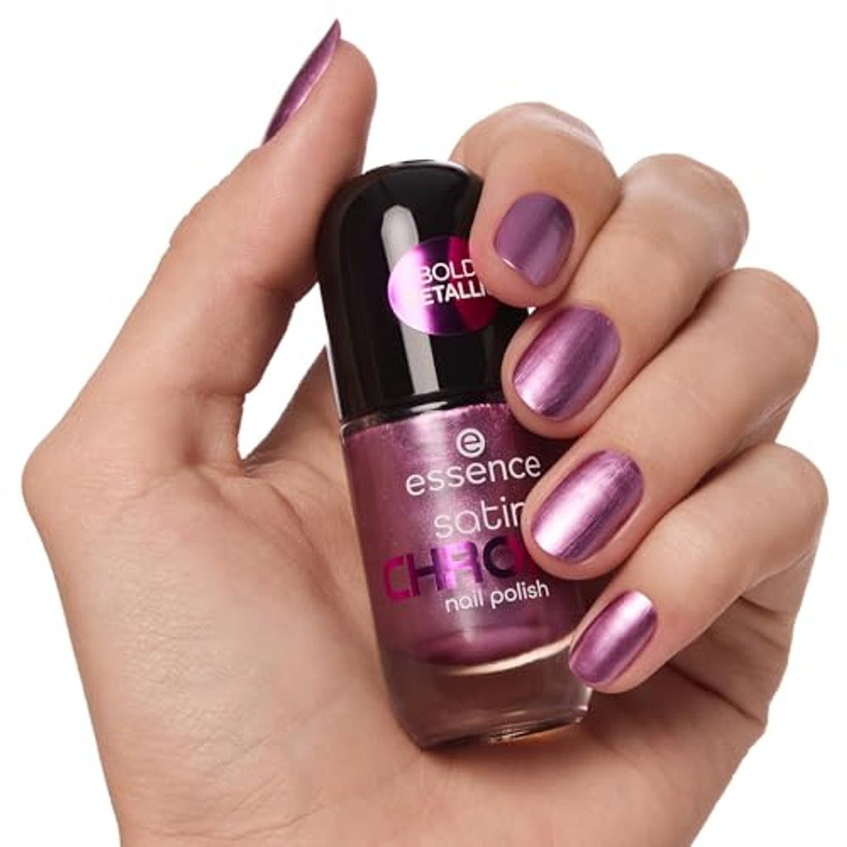 essence satin CHROME nagellak, nr. 02, roze, dekkend, expressief resultaat, sterk gepigmenteerd, metallic, veganistisch, zonder microplastic deeltjes, zonder parfum, zonder parabenen, per stuk verpakt | Nagellak, sterk gepigmenteerd – Essence Cosmetics