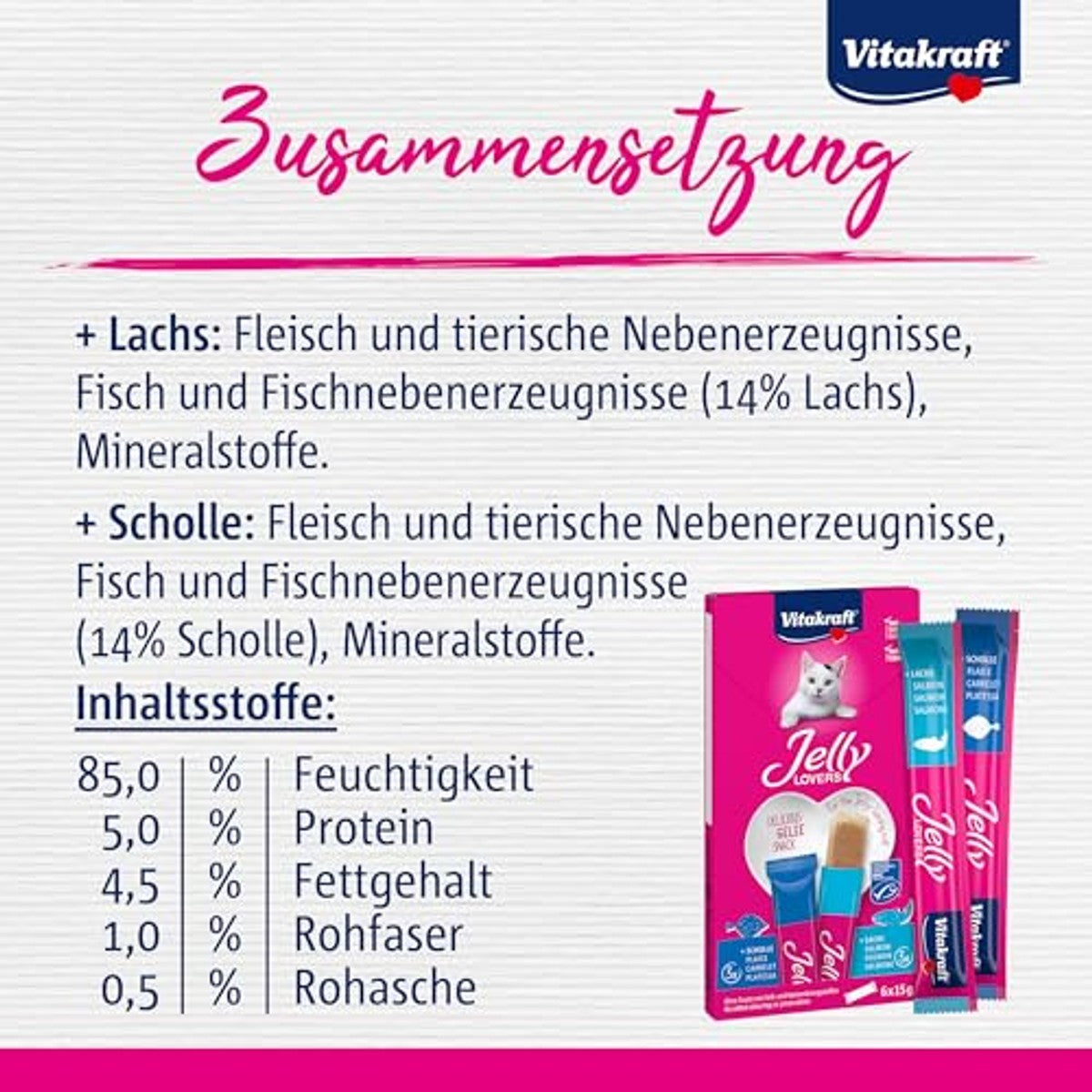 Vitakraft Jelly Lovers, kattenlekkernijen, gelé kattensnack met zalm en schol, afzonderlijke stokken, zonder toegevoegde suiker (1 pakket van 6 x 15 g) – Vitakraft