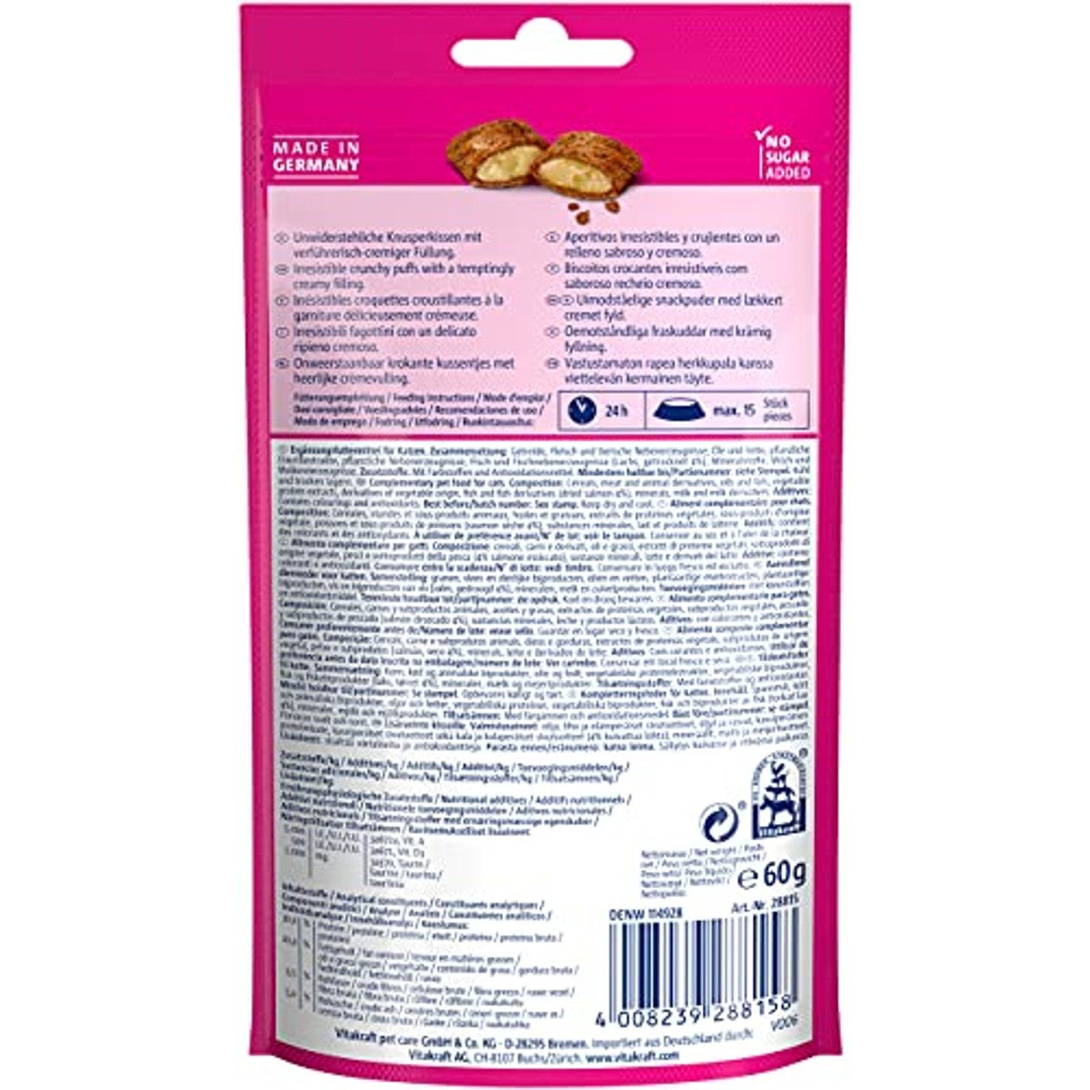 Vitakraft Crispy Crunch, knapperig snackkussen gevuld met zalm, kattensnack, suikervrij (1 x 60 g) (verpakking van 2) – Vitakraft