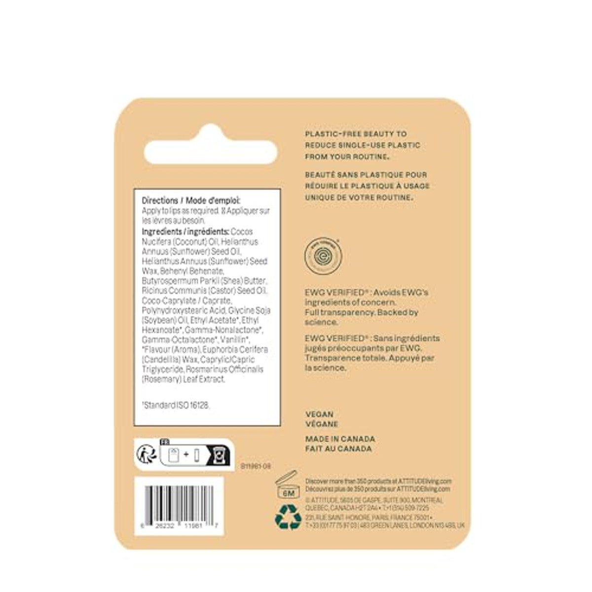 ATTITUDE Plastic-free Lip Balm, EEG geteste plant- en mineraalgebaseerde ingrediënten, veganistisch, kokosnoot, 8,5 g – ATTITUDE