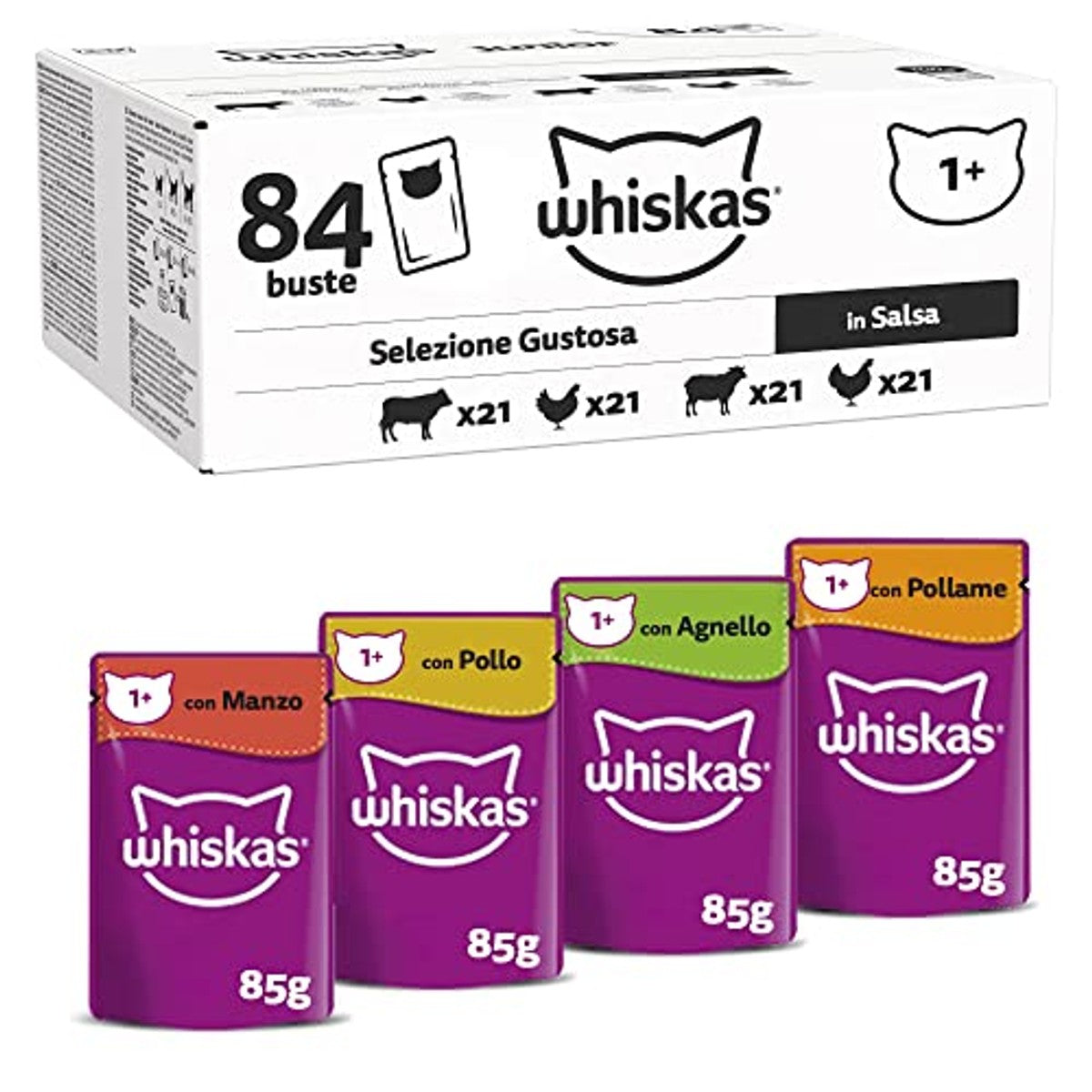 Whiskas Senior 7+ natvoer voor katten, gemengde selectie in gelei & 1+ natvoer voor katten, klassieke selectie in saus – whiskas