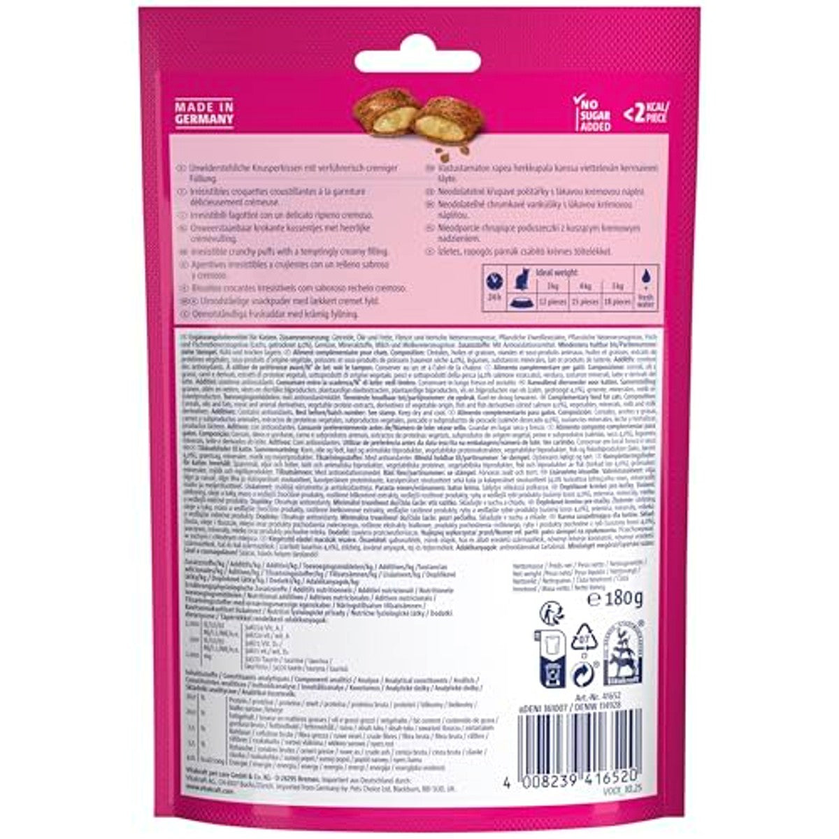 Vitakraft Crispy Crunch, kattenlekkernijen, knapperige kattensnack gevuld met zalm, in hersluitbare Big Pack, zonder toevoeging van suiker (1 x 180 g) – Vitakraft