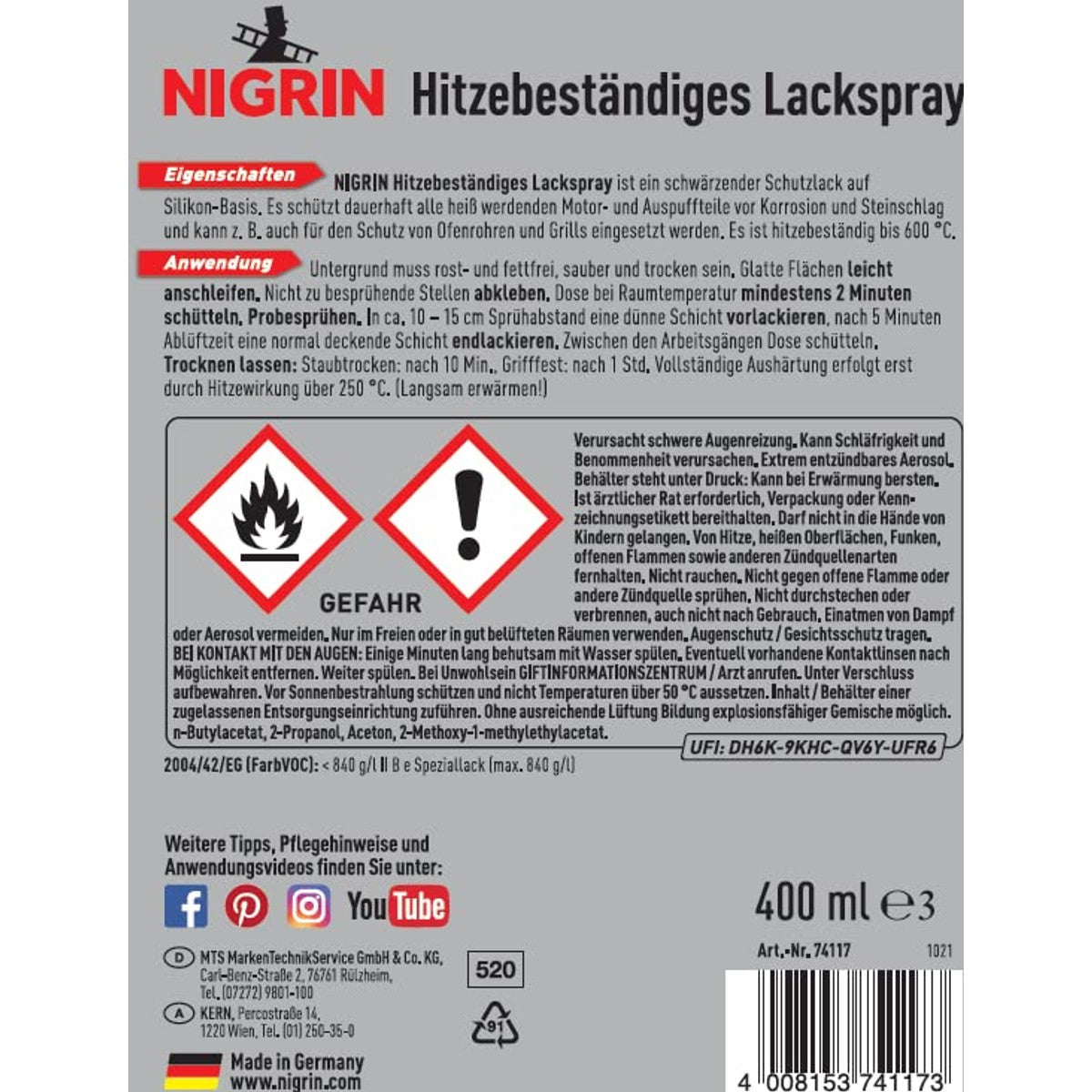 Nigrin 74117 Hittebestendige lakspray 6 x 400 ml - Voordeelverpakking