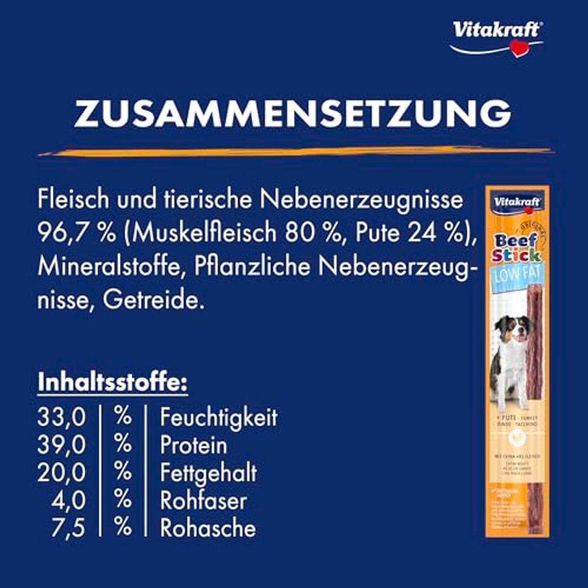 Vitakraft Beef Stick Low Fat, hondenlekkernijen, vleespoten, hondentrainingslekkernijen, voor honden met gewichtsproblemen, zonder toevoeging van suiker (50 x 12 g) – Vitakraft