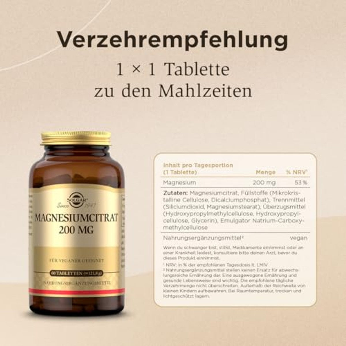 Solgar Magnesiumcitraat 200 mg voor Energie en Spieren 60 Tabletten - 3-pack