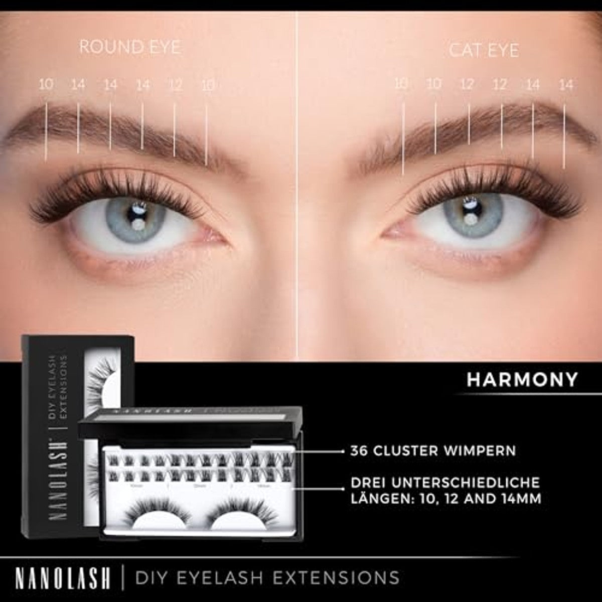 Nanolash Cluster wimpers voor doe-het-zelf wimperverlenging thuis, 36 stuks, doe-het-zelf wimperextensions, doe-het-zelf wimperextensions, doe-het-zelf valse wimpers (harmony) – Nanolash