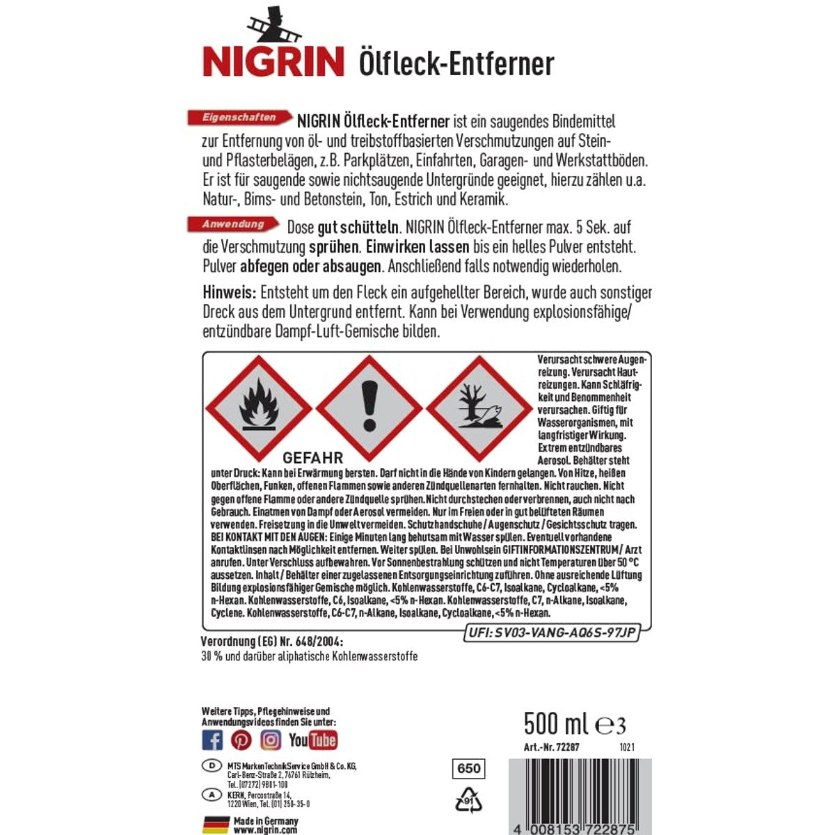 NIGRIN 72287 Reiniger voor olievlekken 6 x 500 ml - Voordeelverpakking
