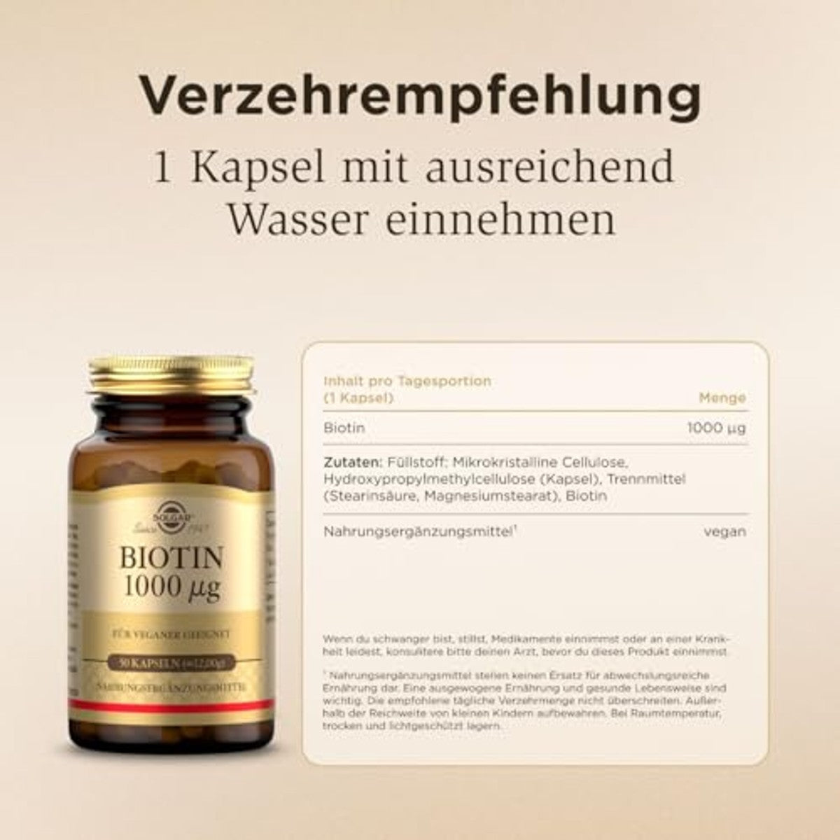 SOLGAR® Biotine 1000 µg - Ondersteuning voor huid en haar - Bevordert natuurlijke keratine-synthese en gezonde haarzakjes - 100% veganistisch - 50 dagen voorraad – SOLGAR