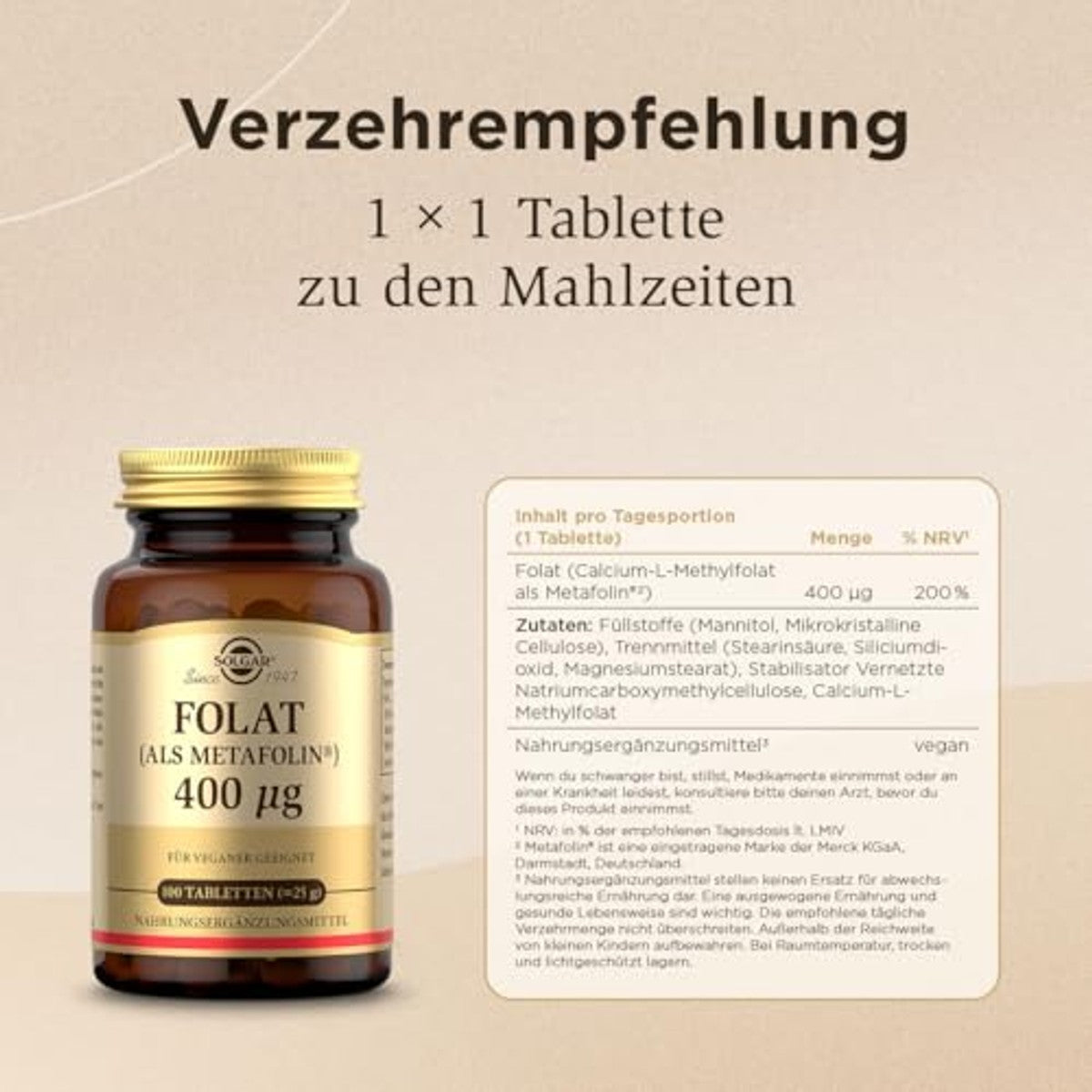 Solgar Folat als Metafolin 400 mcg 100 Tabletten - 6-pack