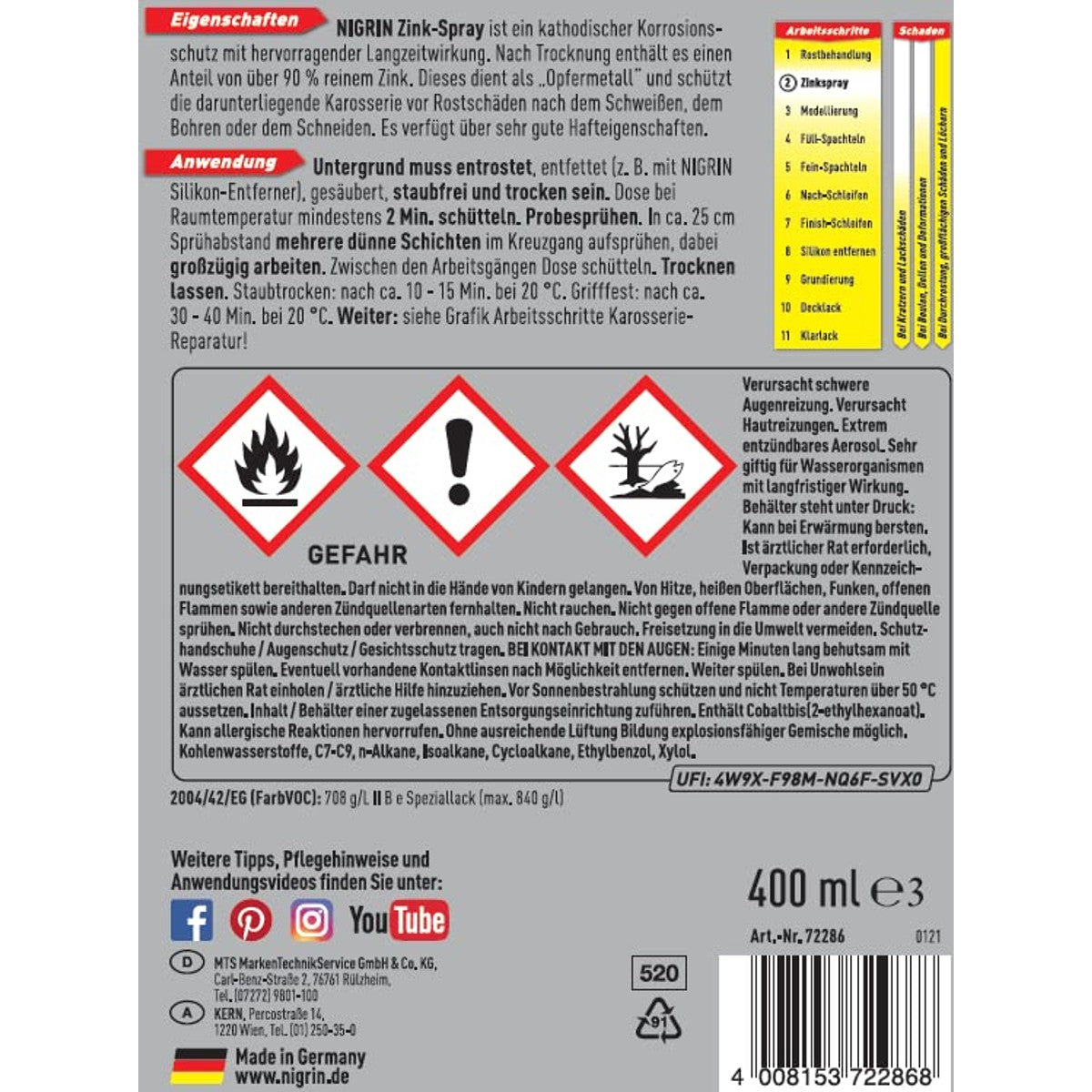 Nigrin 72286 Repairtec Zinkspray 6 x 400 ml - Voordeelverpakking