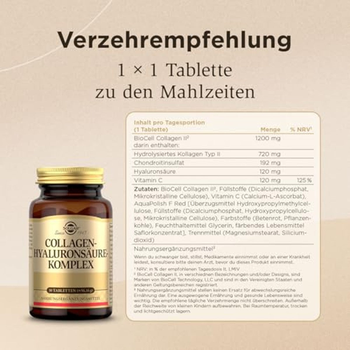 SOLGAR® Collageenhyaluronzuurcomplex, met gepatenteerd BioCell Collageen II® en vitamine C, 30 tabletten voor een maand – SOLGAR