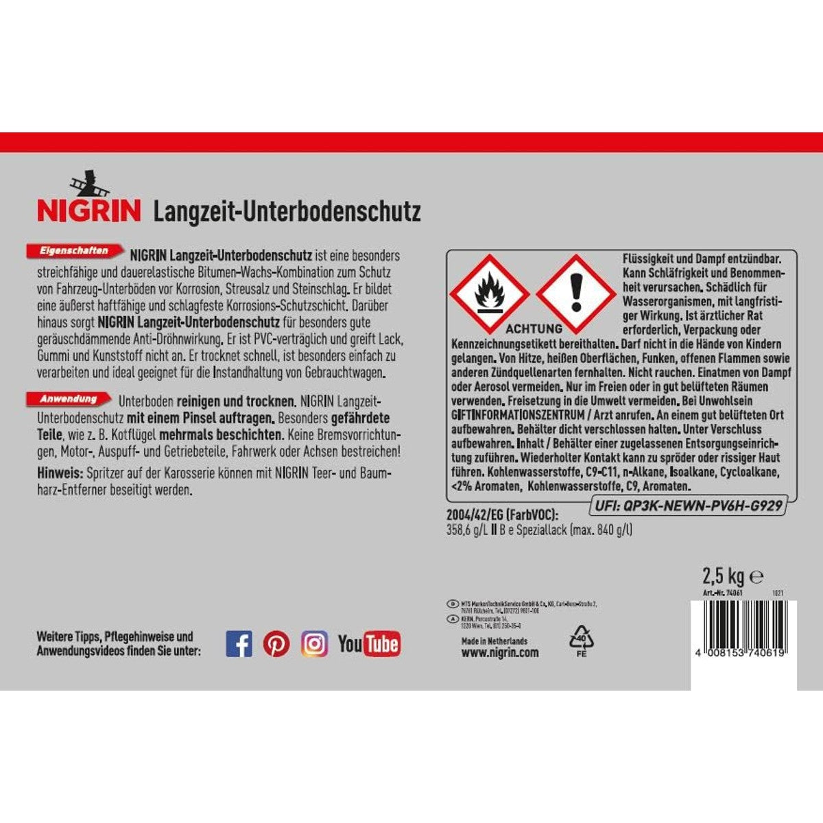 NIGRIN 74061 anti-corrosielaag wagenbodem 3 x 2,5 kg - Voordeelverpakking