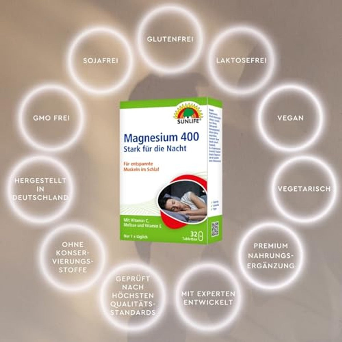 SUNLIFE Magnesium tabletten 400 mg hoge dosis nacht 1 x 32 stuks - magnesiumpreparaten met vitamine C, melisse en vitamine E, voor zenuwen en spieren, magnesium, veganistisch, goed verdraagbaar – Sunlife
