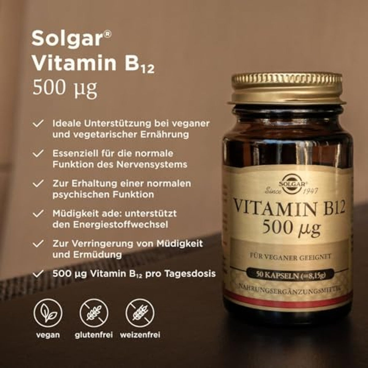 SOLGAR® Vitamine B12 500 µg - ondersteunt zenuwen, psyche en energiestofwisseling, vermindert vermoeidheid - ideaal voor veganisten en vegetariërs - 50 dagen voorraad – SOLGAR