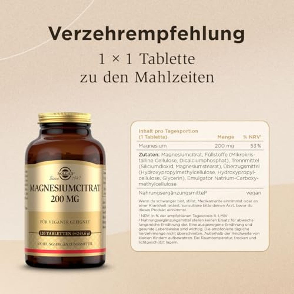 Solgar Magnesiumcitraat 200 mg voor Energie en Spieren 120 Tabletten - 3-pack