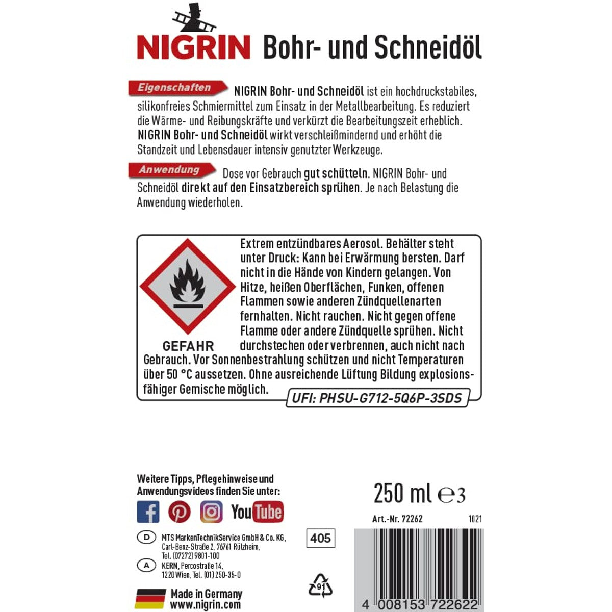 NIGRIN Boor- en snijolie 6 x 250 ml - Voordeelverpakking