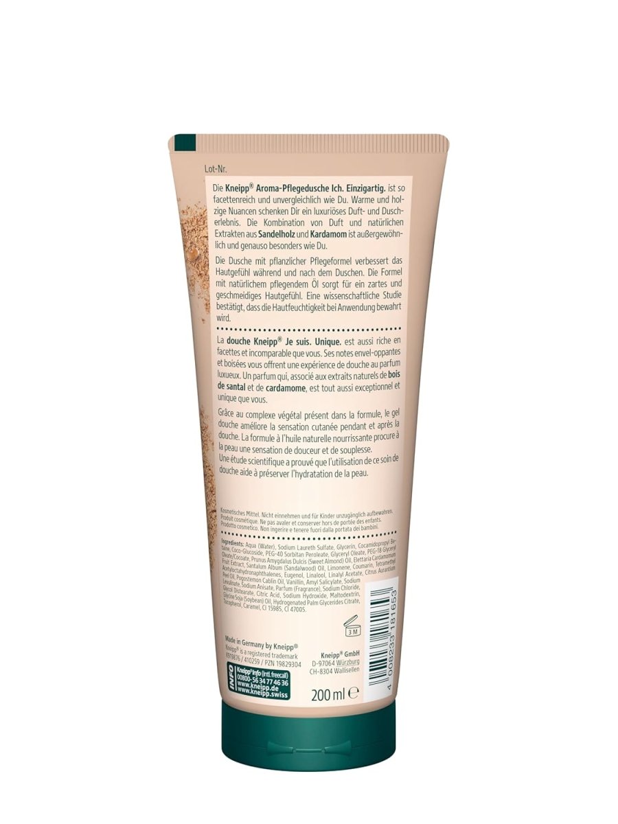 Kneipp Aroma - Pflegedusche Ich. Einzigartig. - Duschgel mit natürlichen Extrakten aus Sandelholz und Kardamom - Für ein luxuriöses Duscherlebnis - Rezeptur ohne Mikroplastik - 200ml door Huishoudvoordeel nu bij Huishoudvoordeel
