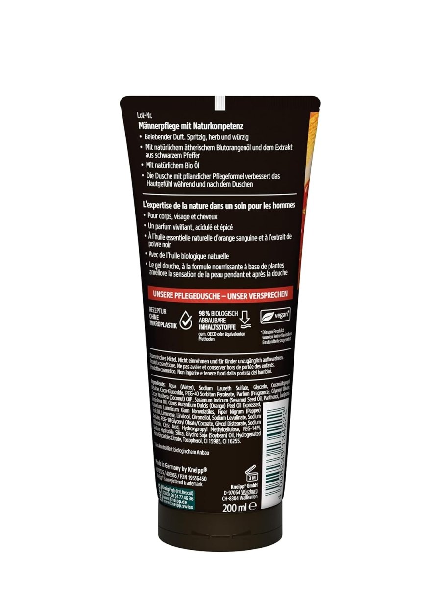 Kneipp MEN 3 in 1 Pflegedusche Energie - Duschgel für Männer - Für Haut, Haar & Gesicht - Mit natürlichem ätherischem Blutorangenöl und dem Extrakt aus schwarzem Pfeffer - 200 ml door Huishoudvoordeel nu bij Huishoudvoordeel