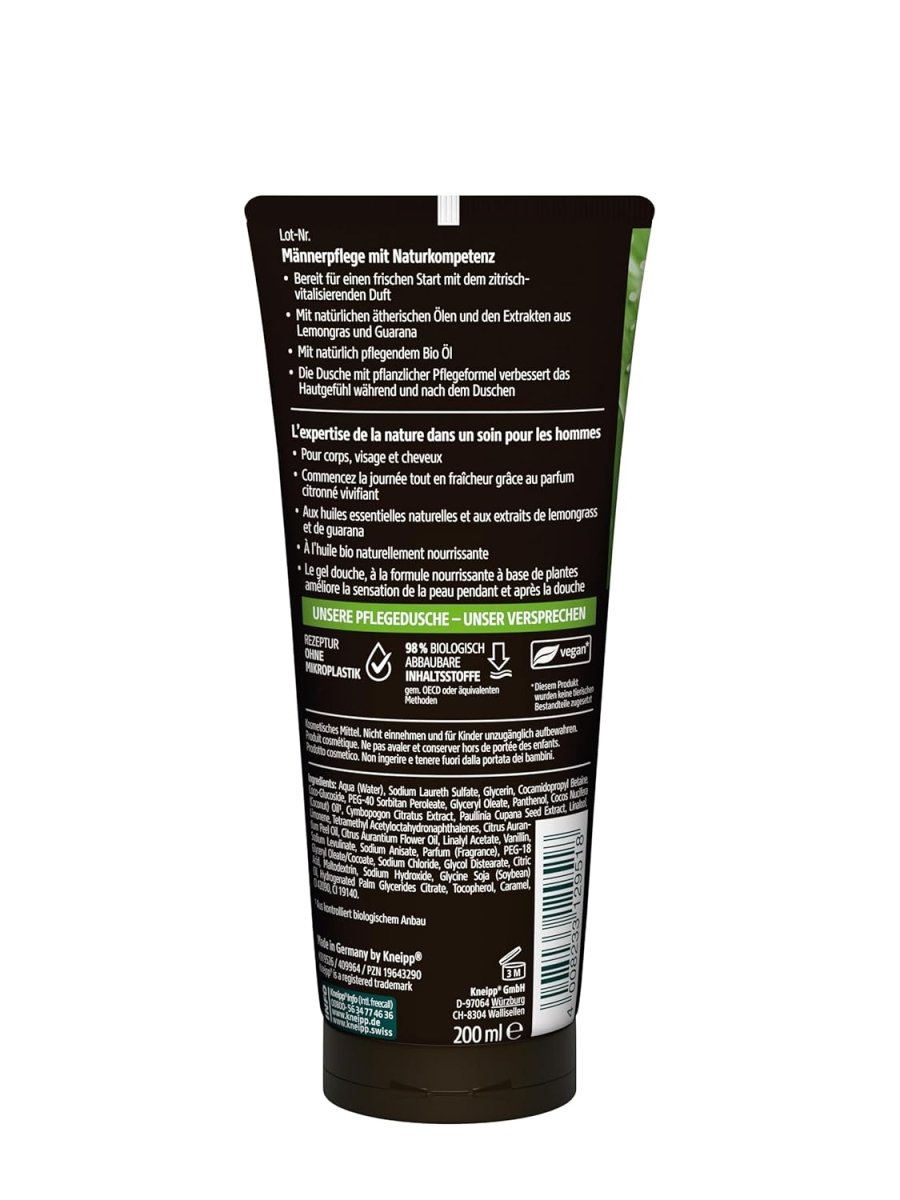 Kneipp MEN 3 in 1 Pflegedusche Startklar – Duschgel für Männer - Für Haut, Haar & Gesicht - Mit ätherischen Ölen und Extrakten aus Lemongras & Guarana - 200 ml door Huishoudvoordeel nu bij Huishoudvoordeel