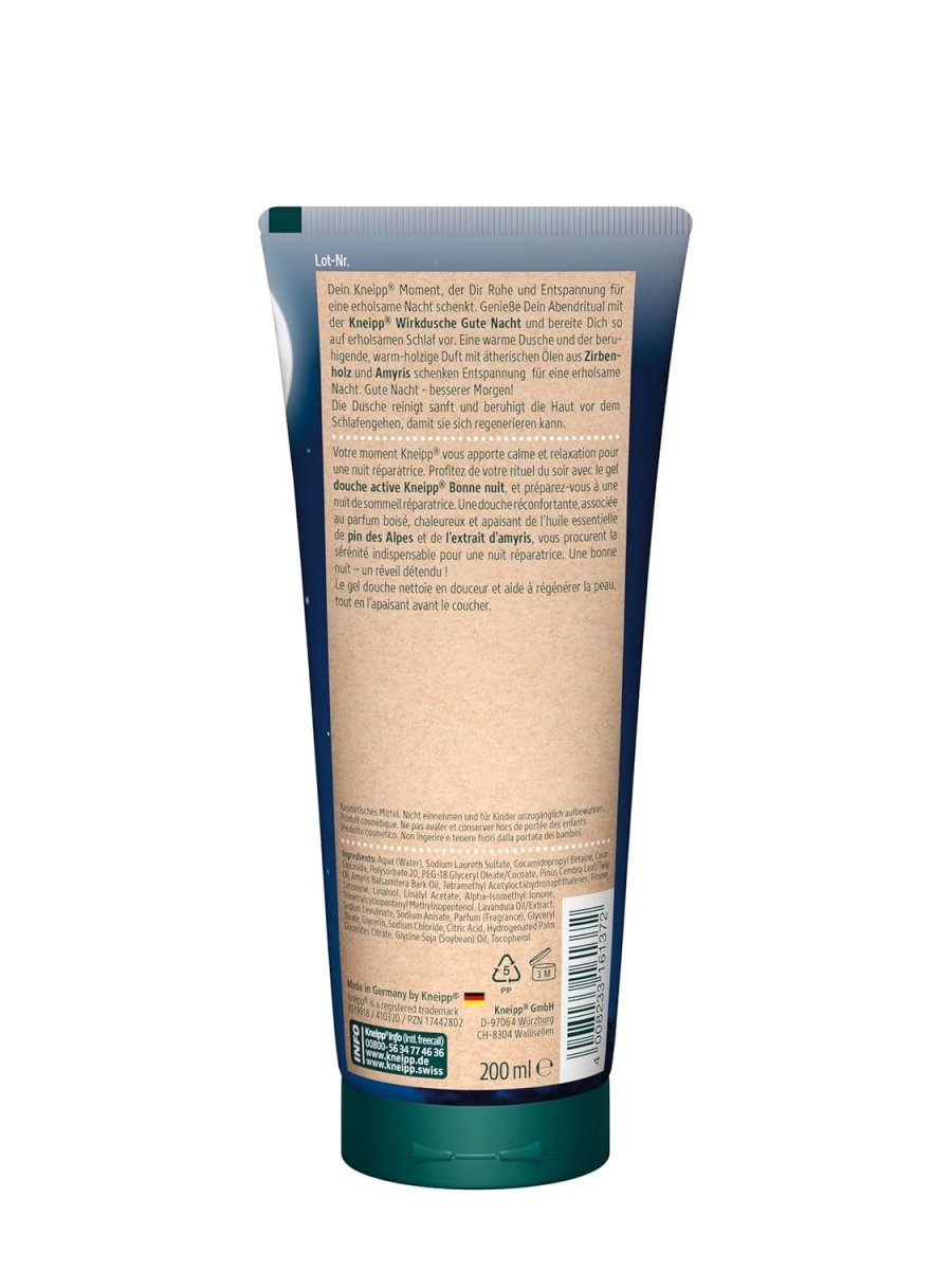 Kneipp Wirkdusche Gute Nacht - Duschgel mit ätherischen Ölen aus Zirbenholz & Amyris - wahrt das hauteigene Mikrobiom - 200ml door Huishoudvoordeel nu bij Huishoudvoordeel