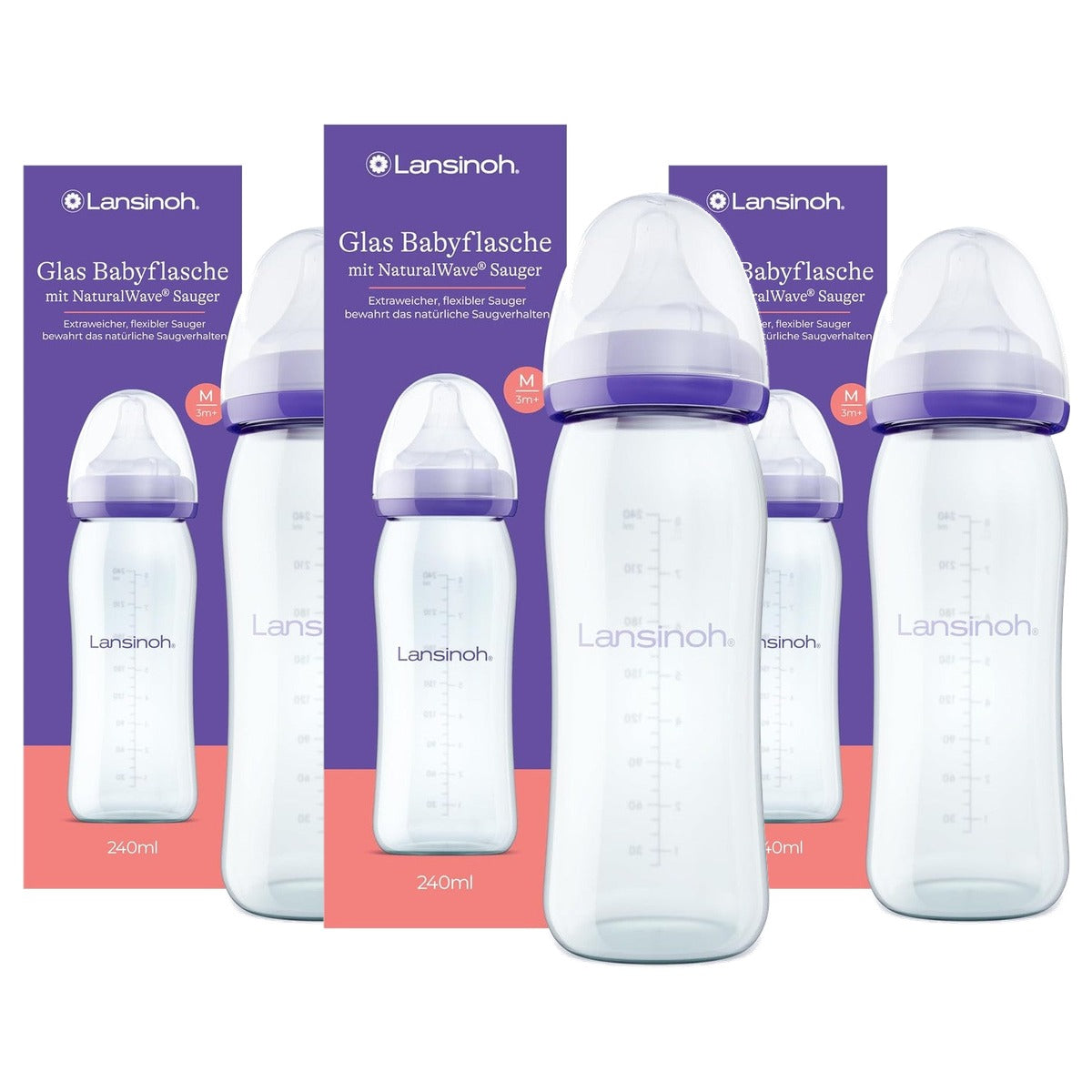 Lansinoh Drinkfles met Brede Hals en NaturalWave-speen Glas - 3-pack